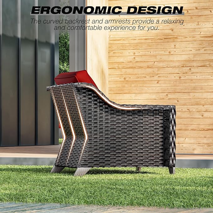 Joyside Wicker Patio Furniture Sets, 5 Pieces Upgraded Large Size Outdoor Furniture with Patio Dining Chairs, 3-Seat Sofa and Outdoor Ottoman, Thick Cushions, Wide Armrest
