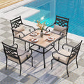 PHI VILLA 5 Pieces Outdoor Dining Set for 4, 37" Square Wood-top Metal Table & Wrought Iron Chairs, All Weather Large Outside Furniture with Cushions & Pillows for Patio, Deck, Porch