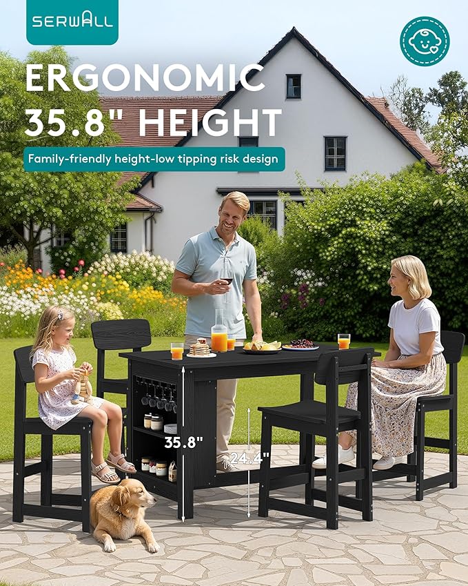 SERWALL 3-Piece Outdoor Counter Height Bar Set, HDPE Patio Bar Table with Wine Rack & Storage Shelf, 2 All-Weather Bar Stools, Patio Bar Dining Furniture Set for 3, Black