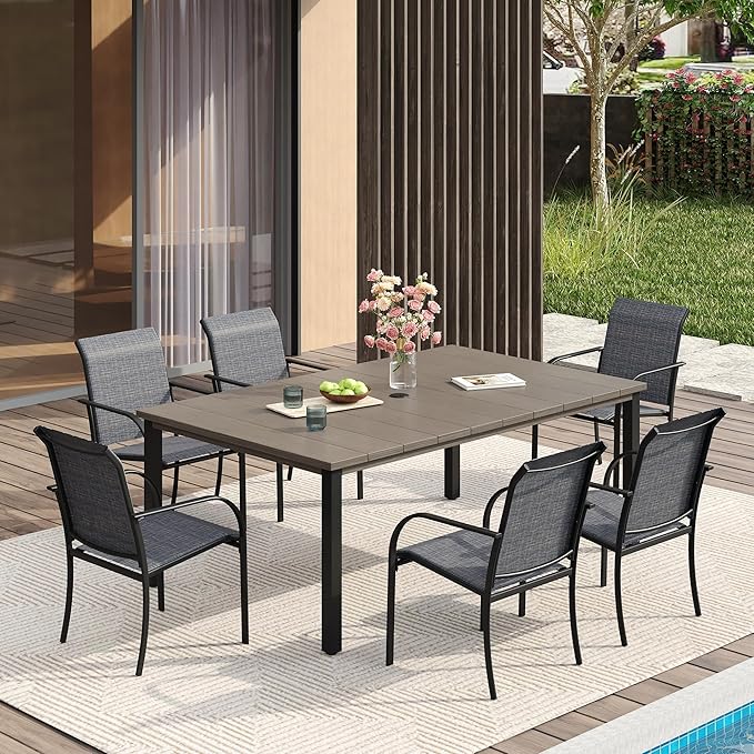 VICLLAX Patio Dining Set for 6, Outdoor Furniture Set Includes 63" Rectangle Patio Table and 6 Patio Sling Chairs, Outdoor Table and Chairs for Outsides, Grey Wood-Like Tabletop and Dark Grey Fabric