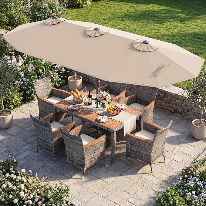 Tangkula 9 Piece Rattan Outdoor Dining Set with 13Ft Umbrella for 6, Outdoor Wicker Table Set with 6 Cushioned Armchairs, Acacia Wood Top, Outdoor Umbrella & with Base Included