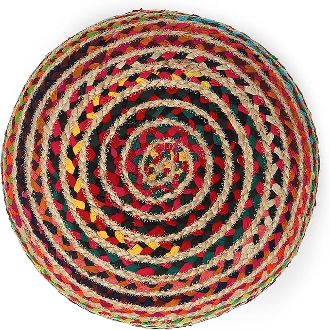 REDEARTH · Round Pouf Ottoman - Braided Boho Poof Home Décor Pouffe Accent Sitting Circular Foot Rest for Living Room, Bedroom, Nursery, Kidsroom, Lounge; Jute and Cotton (19.5"X19.5"X14"; Multi)