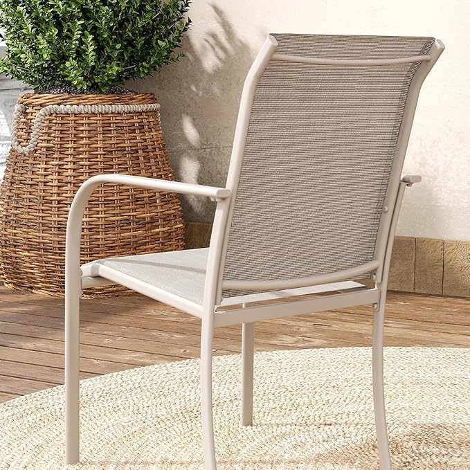 VICLLAX 7 Pieces Patio Dining Set, Outdoor Furniture Set Includes 47.2" Round Patio Table and 6 Patio Sling Chairs, Sandshell Color Tabletop and Fabric