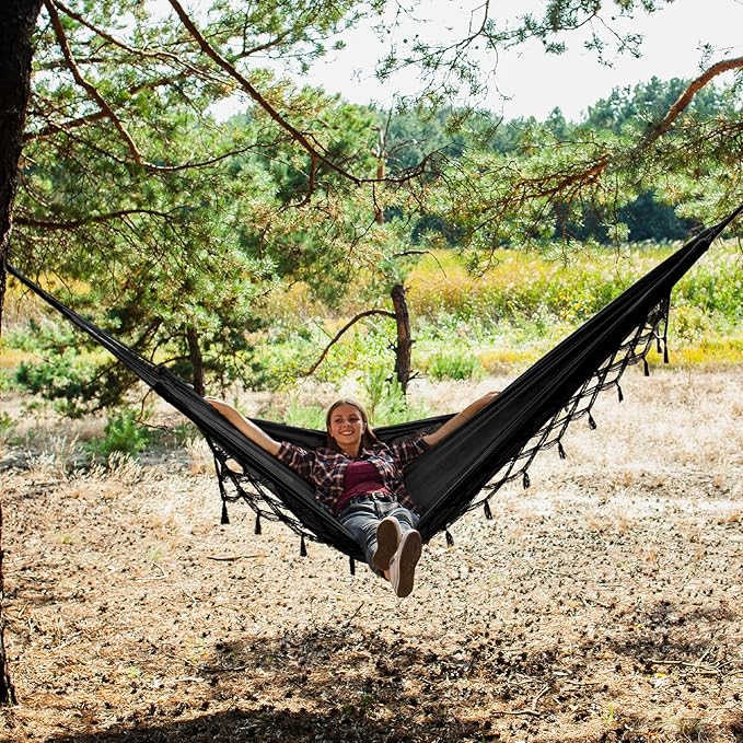 Bellzacasa Double Hammock, Heavy Duty 500 lb Load Capacity Tassels and Fishtail Knitting with Mounting Straps for Outdoor Camping Patio Balcony Black