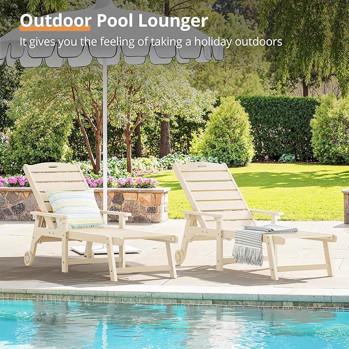 LUE BONA Chaise Lounge Chairs Set with Table, 3-Piece, 79'' Oversized HDPS Material, 5 Positions Adjustable Patio Lounge Chairs, Pool Lounge Chair with Wheels for Poolside, 3-Year Warranty, Sand