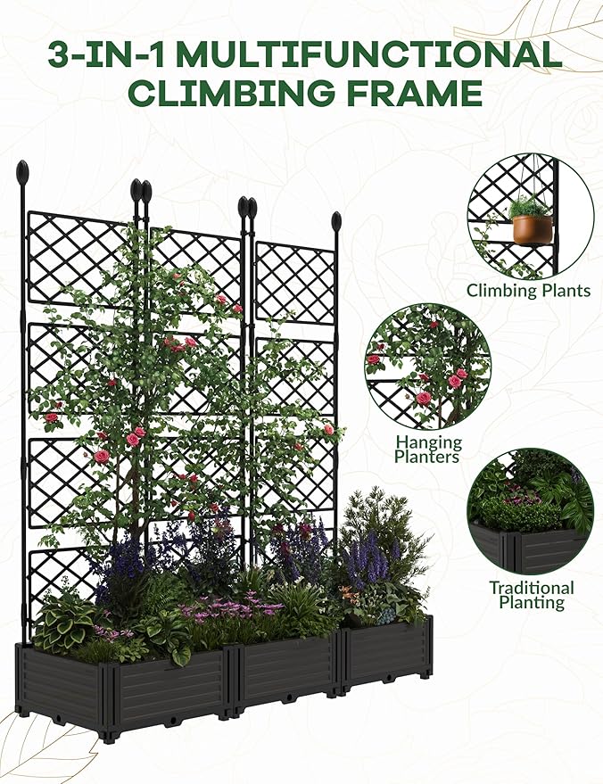 GAOMON 3 PCS Raised Garden Bed with Trellis - 50 in W x 63" Tall Plastic Planter Box for Climbing Plants, Outdoor Vertical Garden with Privacy Screen for Patio, Balcony, Backyard