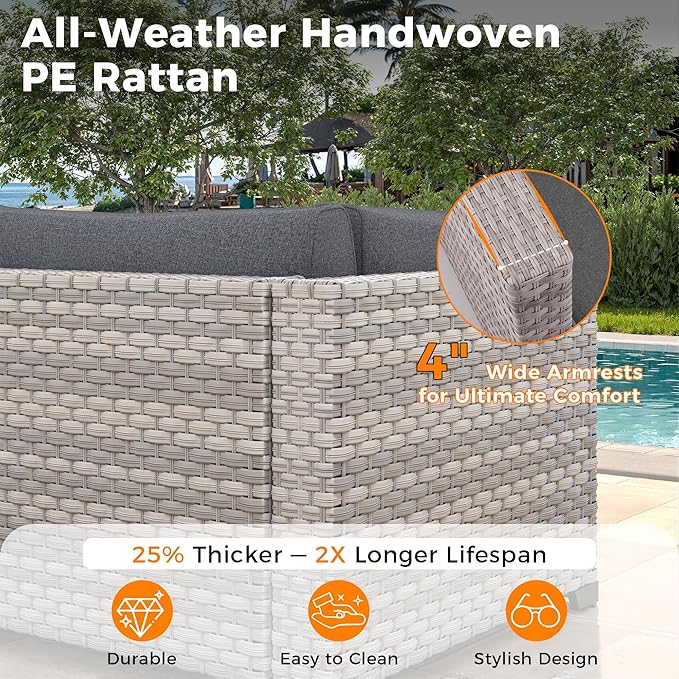 12-Seat Modern Outdoor Wicker Rattan Patio Furniture Set with 55,000 BTU Fire Pit Table, Thick 4″ Cushions, All-Weather Dual-Strand Rattan, Rust-Resistant Steel Frame,Black