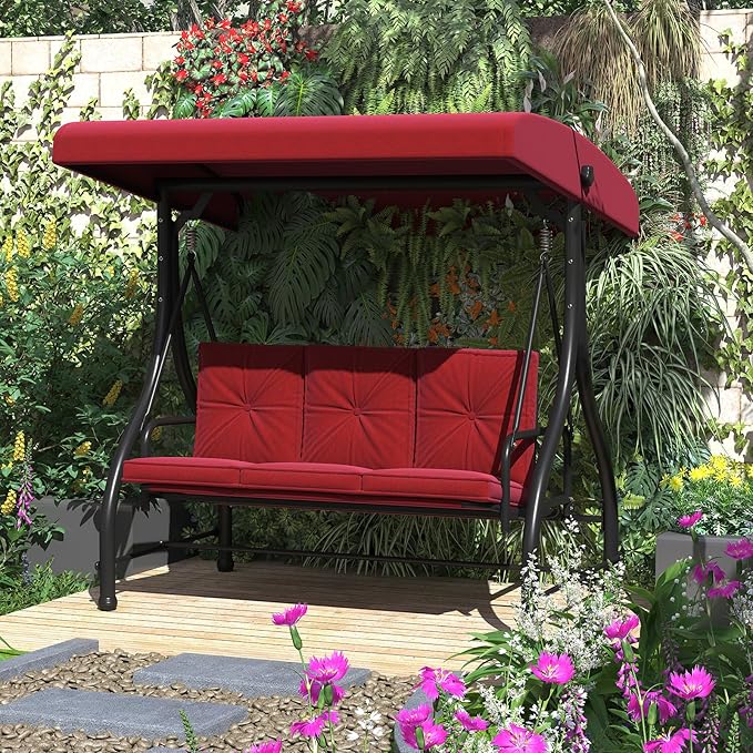 U-MAX Porch Swing Chair with Adjustable Backrest&Canopy, 3 Seat Patio Swing with Canopy 2-in-1 Convertible Outdoor Swing with Canopy Patio Daybed with Removable Burgundy Cushions