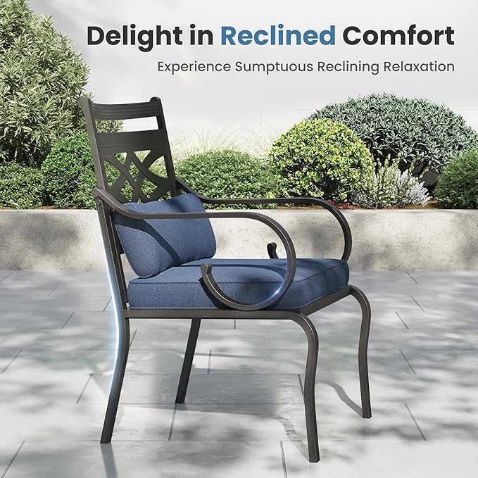 PHI VILLA 5 Pieces Outdoor Dining Set for 4, 42" Square Brown Metal Table with Umbrella Hole & Wrought Iron Chairs, All Weather Outside Furniture with Blue Cushions & Pillows for Patio, Deck, Porch
