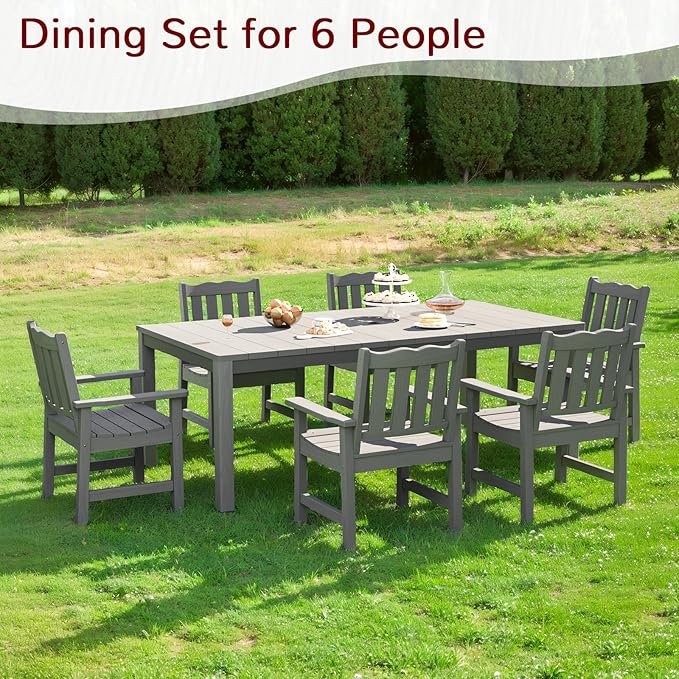 Stoog All-Weather Patio Dining Sets, 7 Pieces Patio Dining Table with Umbrella Hole, Waterproof Aluminum Frame Dining Table with 6 Outdoor Chairs Set, Low Maintenance, Grey