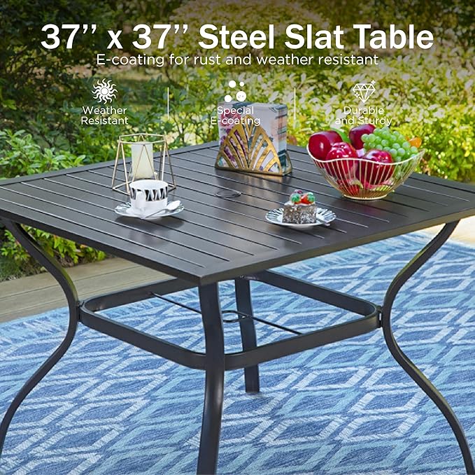 PHI VILLA 5 Pieces Outdoor Dining Set for 4, 37" Square Metal Table with Umbrella Hole & Wrought Iron Chairs, All Weather Large Outside Furniture with Blue Cushions & Pillows for Patio, Deck, Porch