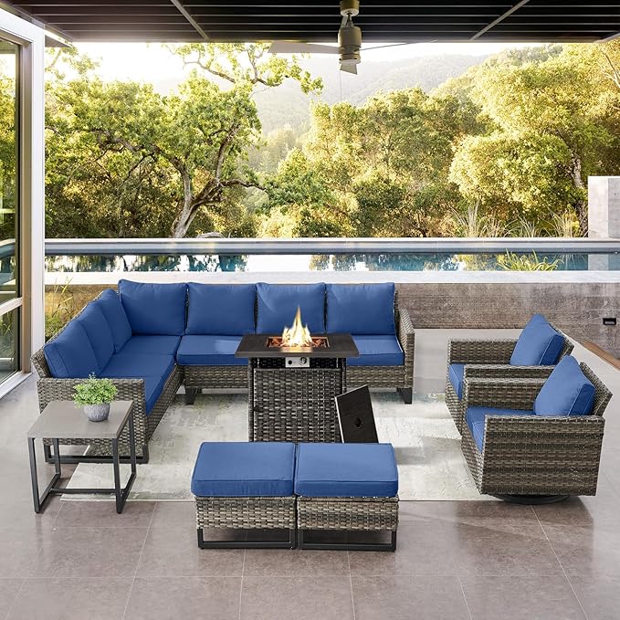 Belord Patio Sectional Furniture Set with Fire Pit Table: 8 Pieces Wicker Patio Conversation Set with L Shaped Sofa, Outdoor Swivel Glider Rocker, Rattan Ottomans, Removable Cushions Blue