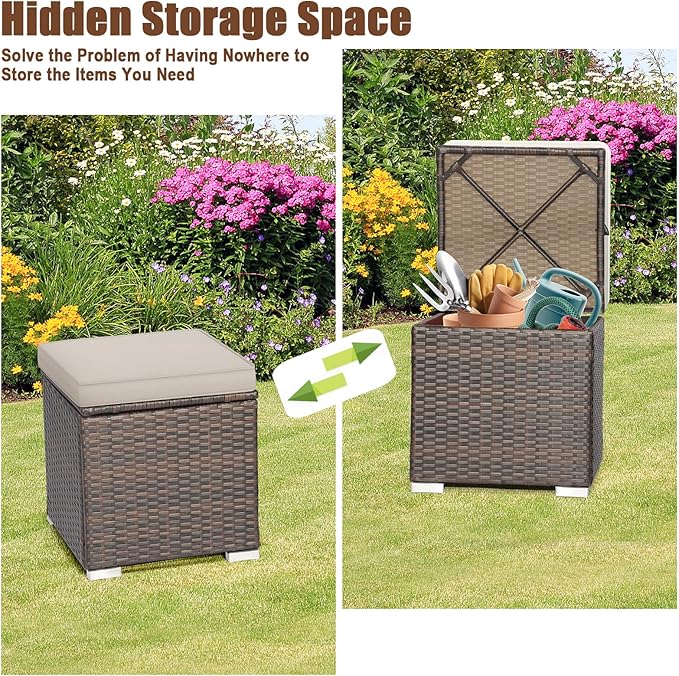 RELAX4LIFE Wicker Outdoor Storage Ottoman, 2-Piece Rattan Footstool w/Removable Cushion, Multipurpose Footrest Stool Side Table Additional Seating, Set of 2 Outdoor Ottomans for Patio Deck (Beige)