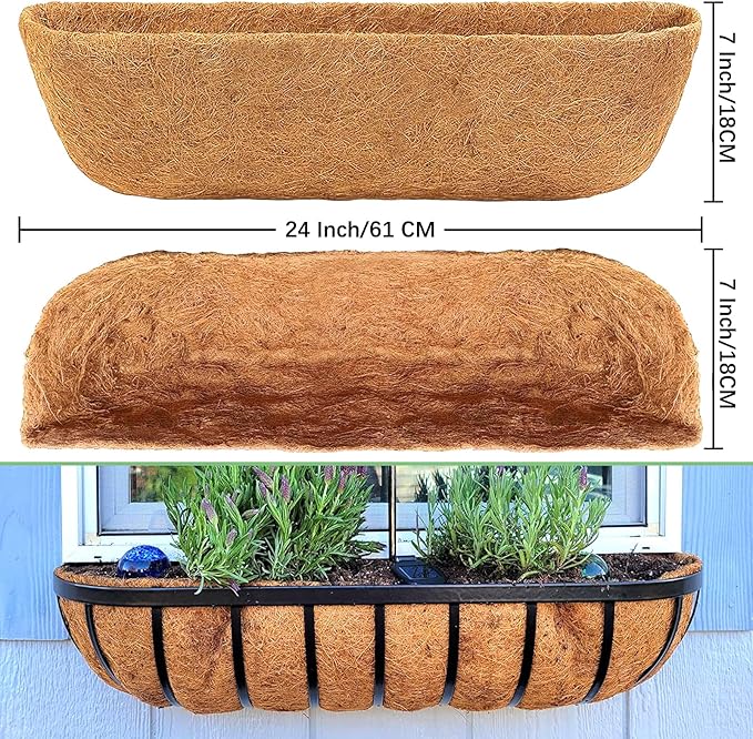 Coco Liners for Planters - 4 Pack 24 Inch Trough Coconut Liners for Planters, Window Box Coco Liners, 100% Natural Coconut Fiber Liners for Wall Hanging Basket, Window Box, Fence Baskets