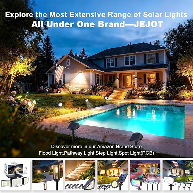 White Solar Security Light Outdoor Super Bright LED, Motion Sensor Flood Light, 3 Heads 270° Wide Angle, Remote Control, IP65 Waterproof, 3 Modes (6 Packs)