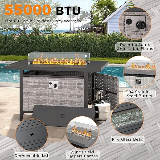 10-Seat Outdoor Wicker Patio Furniture Set with Fire Pit Table, Modular Rattan Sectional Sofa & 2 Swivel Rocking Chairs, 4" Thick Cushions, Rust-Resistant Frame,Beige