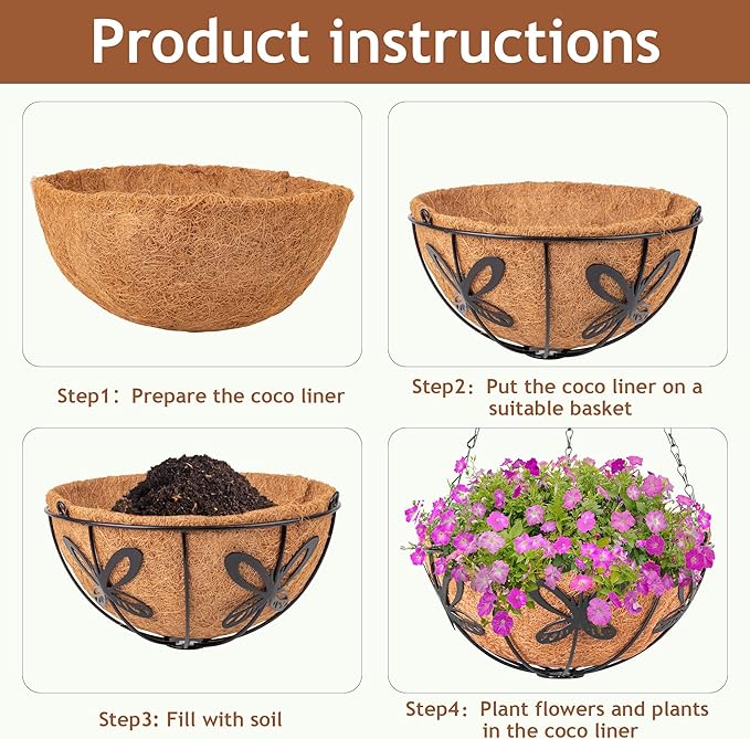 Hanging Baskets Planter for Plants, 2 Pack 12 Inch Round Metal Wire Hanging Flower Pots with Coco Coir Liner Chain, Plant Holder for Home Garden Balcony Decor