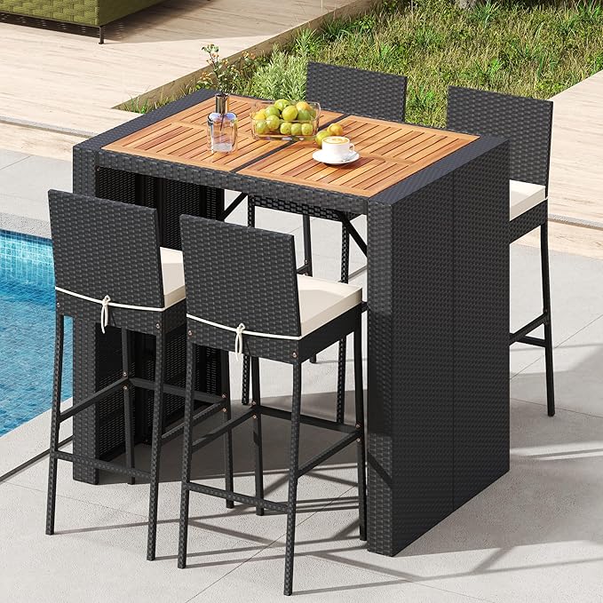RELAX4LIFE 5-Piece Outdoor Bar Set - Wicker Rattan Bar Height Dining Table w/Acacia Wood Top & 4 Bar Stools Chairs w/Seat Cushions, Backrest, Footrest, Outside Patio Bistro Set for Backyard (47.5'')