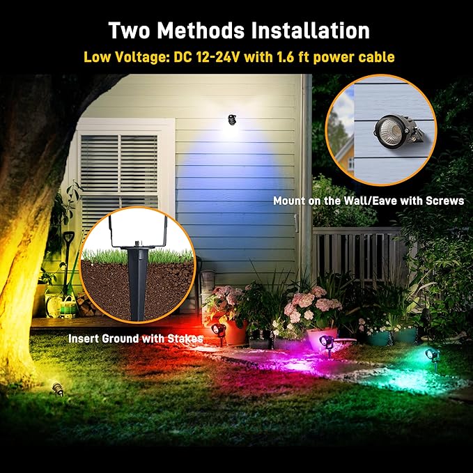 Christmas Landscape Lights 12W RGBW Outdoor Spot Lights for Yard, Low Voltage LED Landscape Spotlight with Remote Control, IP65 Waterproof Yard Spotlgiht for Lawn, Garden, 2 Pack