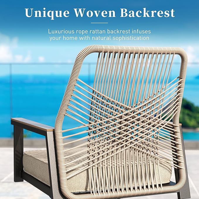 Patio Dining Set 9 Piece, 6 Woven Rattan Fixed Chairs and 2 Swivel Chairs with Waterproof Cushion, 83" Metal Rectangular Table with Umbrella Hole, Outdoor Table Set for Backyard Lawn Deck, Beige