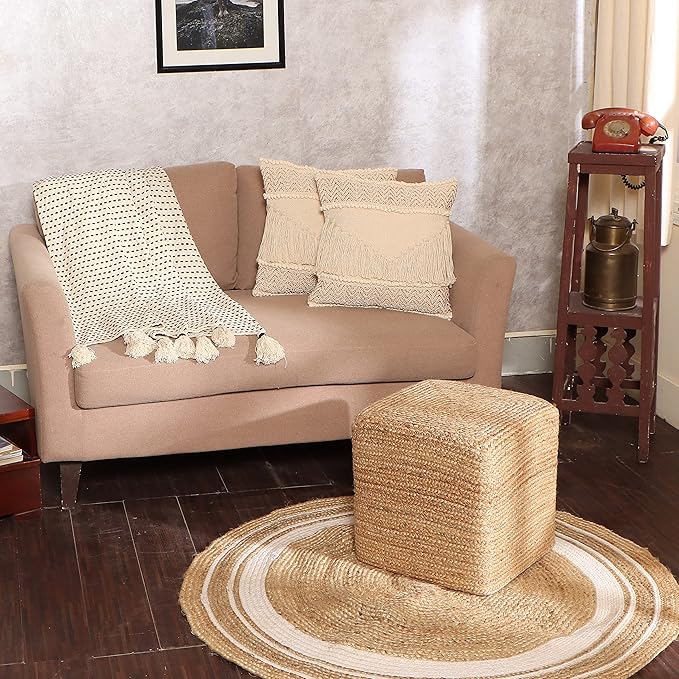 REDEARTH · Cube Pouf Foot Stool Ottoman - Jute Braided Pouffe Poof Accent Sitting Footrest for The Living Room, Bedroom, Nursery, Patio, Lounge & Other Rooms in The Home (14.5”X14.5”X16”; Natural)