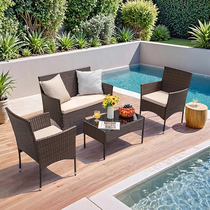 Homall 4 Pieces Outdoor Patio Furniture Sets Rattan Chair Wicker Set,Outdoor Indoor Use Backyard Porch Garden Poolside Balcony Furniture (Brown and Beige)