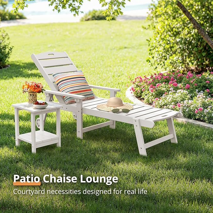LUE BONA Outdoor Chaise Lounge, HDPS Chaise Lounger, 5 Positions Adjustable Lounge Chairs, Pool Lounge Chair with Wheels for Poolside, Backyard, White
