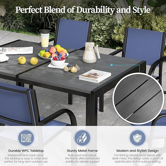 7-Piece Outdoor Patio Dining Set for 6, 59” Table with 4 Textilene Dining Chairs & 2 Swivel Chairs, Patio Furniture Set with Durable Metal Frame for Backyard Garden, Deck, and Poolside (Blue)