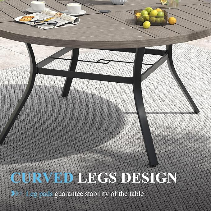 VICLLAX Patio Table and Chair Set of 6, All Weather Metal Round Outdoor Dining Furniture Set-50 Round Outdoor Table and Chairs, Grey Wood Grain Tabletop
