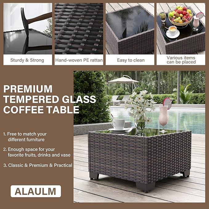 ALAULM Patio Furniture Set with Coffee Table, 7 Pieces Outdoor Sectional with Wide Seat and Thick Cushion, All Weather Wicker Rattan Conversation Set for Backyard, Garden, Deck, Sand