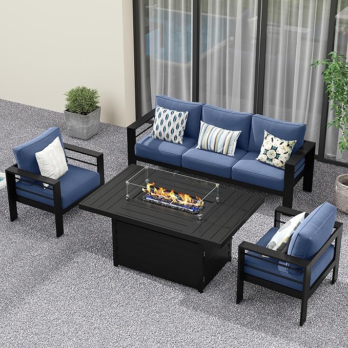 Solaste Aluminum Patio Furniture Set with Fire Pit Table, 4 Piece Metal Outdoor Furniture with Water-Resistant Cushions, Modern Patio Conversation Set for Balcony, Front Porch, and Backyard,Blue