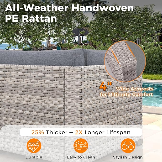 6-Seat Modular Patio Furniture Set – Outdoor Wicker Sectional Sofa with Thick 4″ Cushions, Dual-Strand PE Rattan, Rust-Resistant 18 mm Steel Frame, Backyard Garden Deck Lounge,Gray