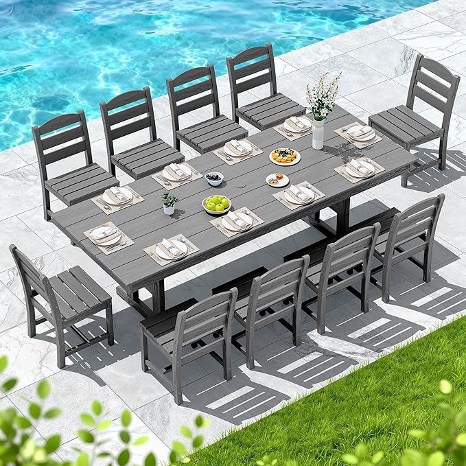 SERWALL Outdoor Dining Table, 84" Rectangular Dining Table for 6-10 Person, All Weather HDPE Outdoor Furniture for Backyard, Garden, Gray