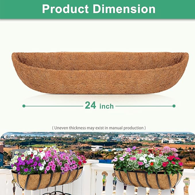 Y&M 24" Coco Liner for Window Box Deck Basket Planter Trough Coconut Fiber Liners, 4pcs Trough Coco Liner Pre-Formed Replacement