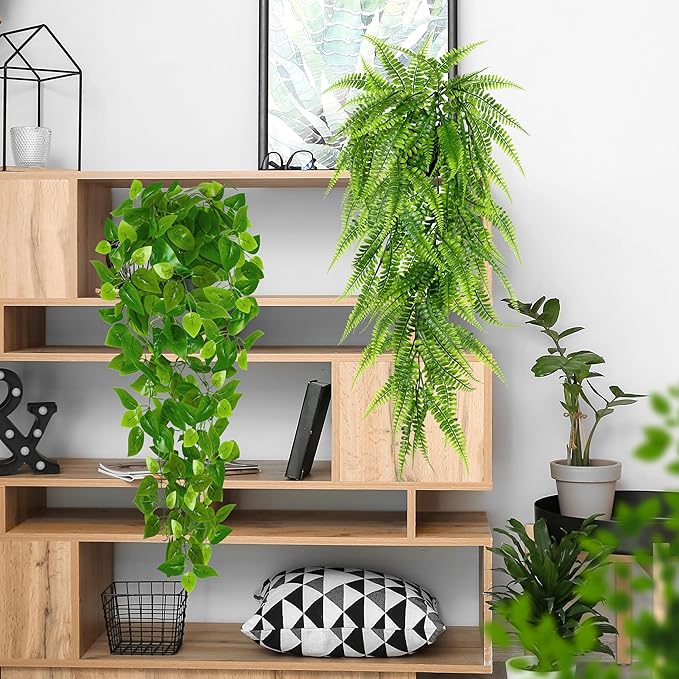 Palonu Artificial Hanging Plants for Shelf, 4 Pack Fake Potted Greenery Plant Faux Mandala Vine, String of Pearls, Ivy Vine,Persian Grass Fern in Pot for Desk Home Bathroom Farmhouse Room Table Decor