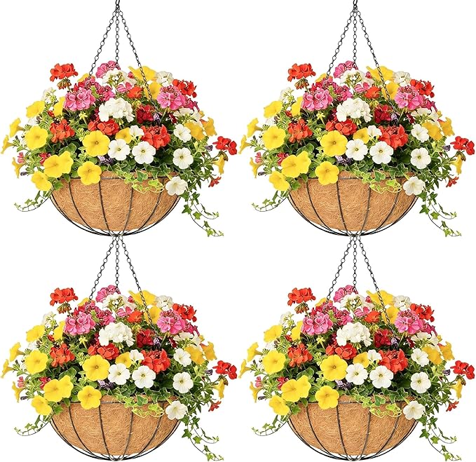 4 Pack 8 Inch Hanging Baskets for Plants Outdoor Metal Hanging Planter Hanging Flower Baskets with Coco Fiber Liners Chain Round Wire Plant Holder Hanging Flower Pots(Watermelon)