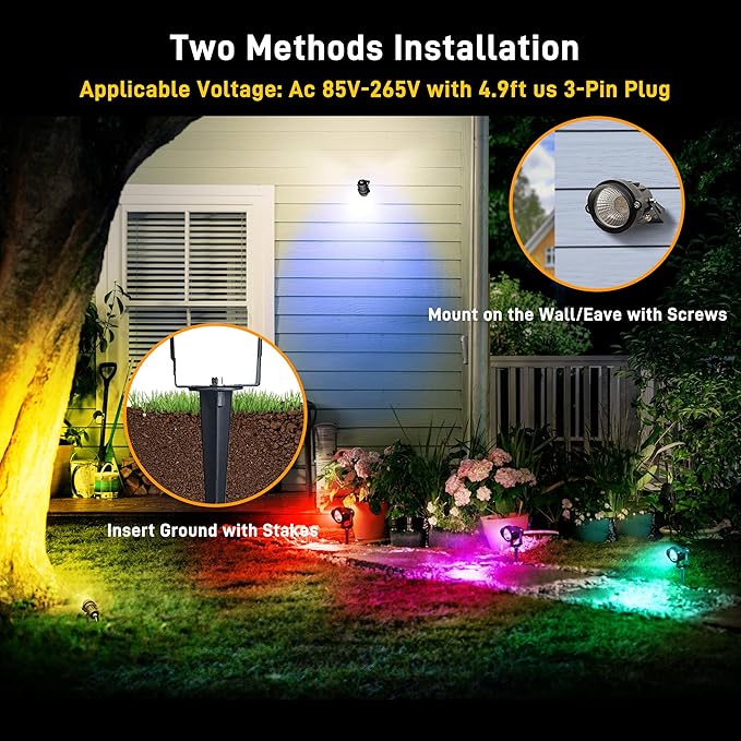 Halloween Christmas Outdoor Spotlights,12W RGBW Colors Changing Landscape Spotlight with Remote Control, IP65 Waterproof 110V Plug in LED Spotlight Outdoor with US Plug for Yard Garden House (8Pack)