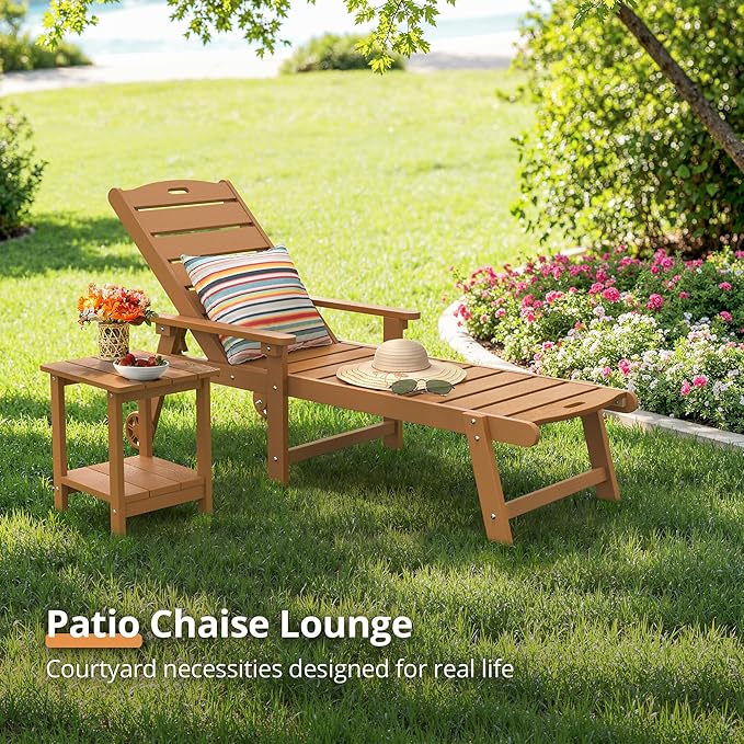 LUE BONA Chaise Lounge Chair with Table, 6-Piece, HDPS Chaise Lounger, 5 Positions Adjustable Lounge Chairs, Pool Lounge Chair with Wheels for Poolside, Backyard, Teak Color