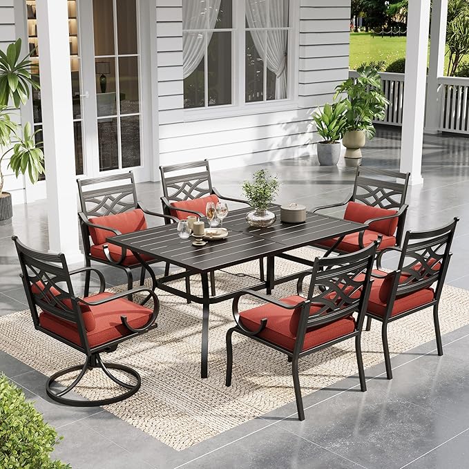 Sophia and William Outdoor Patio Dining Set for 6, Outdoor Table and Chairs, Removable Seat Cushions, 4 Fixed，2 Swivel Chairs, 60" Black Patio Dining Table,Red
