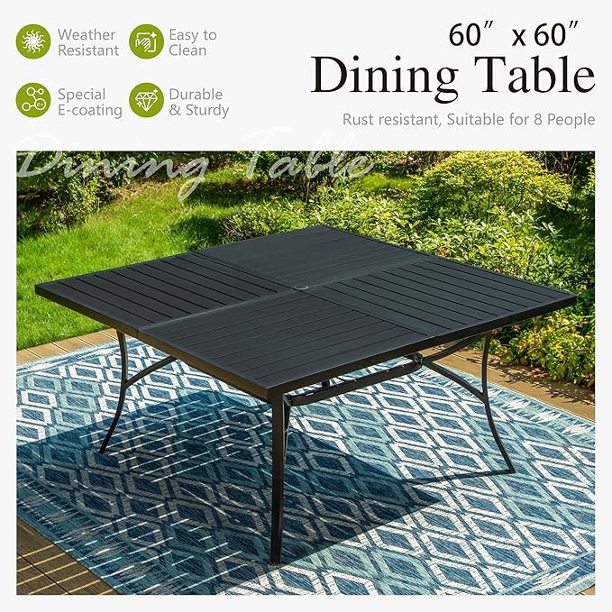 Sophia & William Patio Table and Chairs Set 9 Piece, 8 Swivel Chairs with Removable Cushion and 60" Large Square Outdoor Dining Table, Perfect for Garden, Lawn, Yard