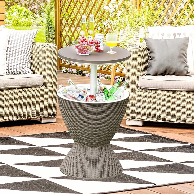 Tangkula Outdoor Cool Bar Table, Rattan Style Patio 8 Gallon Beer and Wine Cooler, All-Weather Ice Bucket w/Height Adjustable Top, Drainage Plug, 3-in-1 Cocktail Coffee Table for Party, Pool (Coffee)