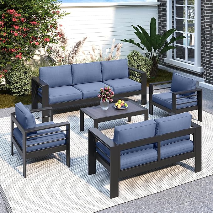 Solaste Aluminum Patio Furniture Set for All Weather, Modern Metal Outdoor Furniture Set with 27.5" Deep Seating and 3.2" Wide Armrest, Outdoor Patio Conversation Set with 10" Back Cushion, Blue