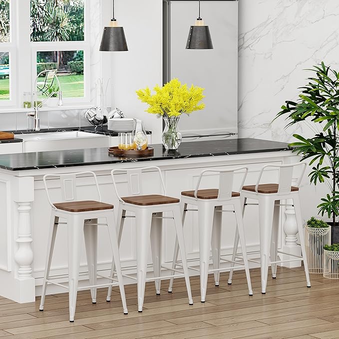 Yongchuang 30 inch Metal Bar Stools Set of 4 Bar Height Barstools with Wood Seat Low Back Kitchen Bar Chairs Cream White