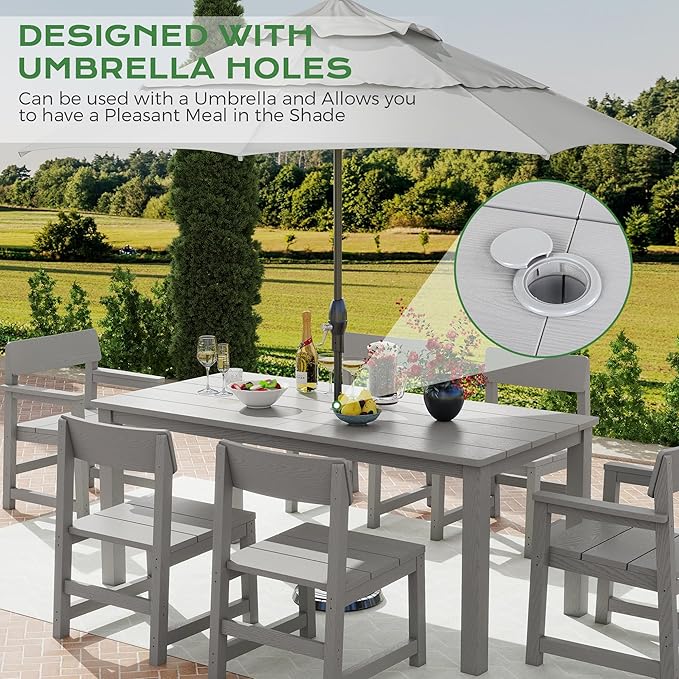 Patio Dining Sets 7 Piece HIPS Outdoor Dining Table Set with Umbrella Hole Table and 6 Chairs Furniture for Backyard Poolside Garden, Grey