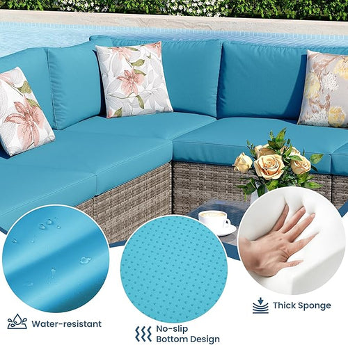 8 Pieces Outdoor Patio Furniture Set with 43" Fire Pit Table, Wicker Outdoor Patio Sectional Sofas with Coffee Table and Cushions, All-Weather Patio Conversation Set for Garden Backyard, Light Blue