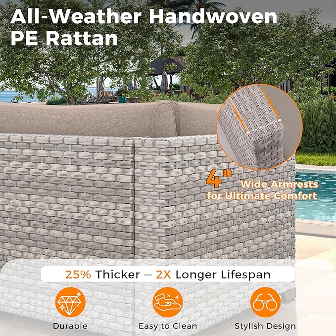 8-Seat Outdoor Wicker Patio Furniture Set with Fire Pit Table, Modular Rattan Sectional Sofa & 2 Swivel Rocking Chairs, 4" Thick Cushions, Rust-Resistant Frame,Beige