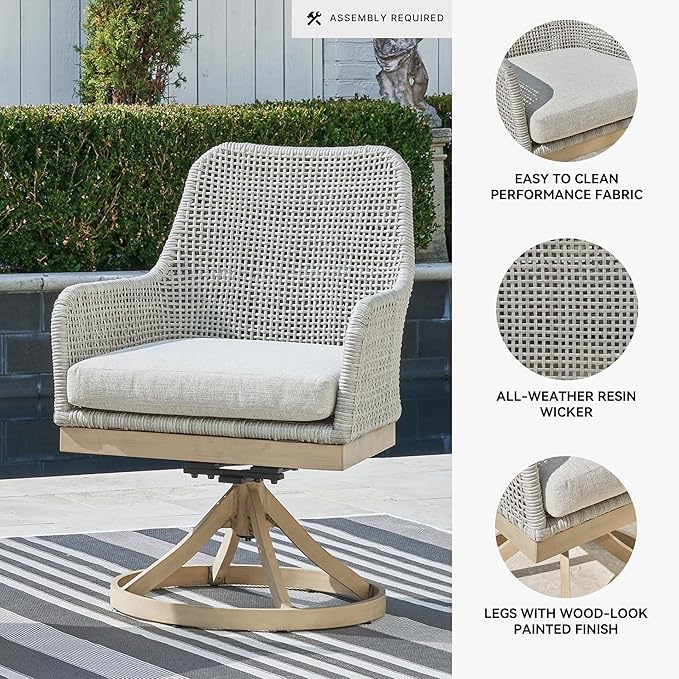Signature Design by Ashley Seton Creek Cottage Nuvella Weather Resistant Fabric Outdoor Swivel Dining Chair with Cushion, Set of 2, Light Brown & Light Gray