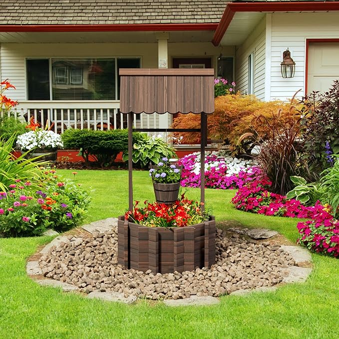 UDPATIO Rustic Solid Fir Wood Wishing Well Planter for Outdoor Plants, 16.5 in Diameter