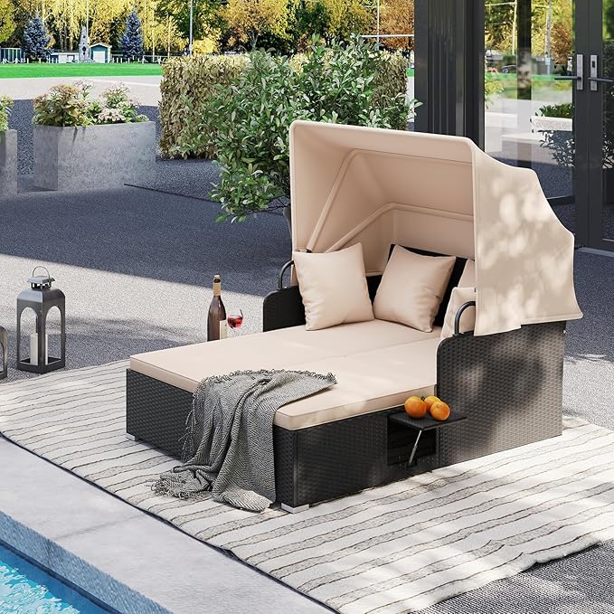 ORALNER Outdoor Daybed, 2-Person Wicker Patio Sofa with Retractable Canopy, Cushions & Pillows, 2 Side Trays, PE Rattan Double Sunbed Lounger for Deck Poolside Backyard Garden Balcony (Khaki)
