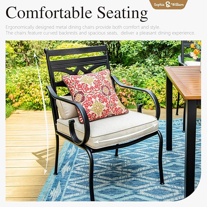 Sophia & William Outdoor Patio Dining Set for 6 | Outdoor Table and Chairs | Removable Seat Cushions | 64" Metal Tabletop with Wood Texture